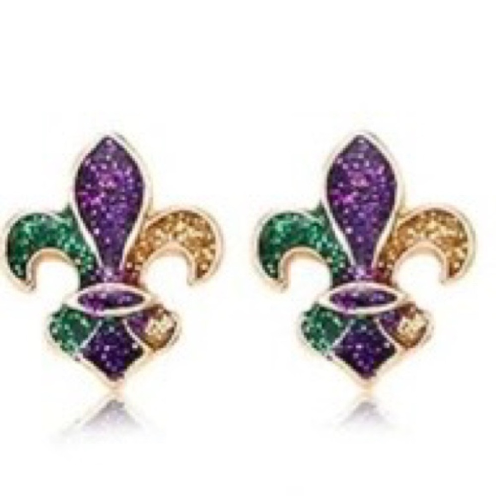 Mardi Gras Purple Gold and Green Fluer Di Lis Earrings - New